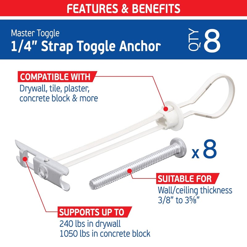 FixMaster 1/4" Heavy Duty Master Toggle-Bolt Strap Anchors (8 Pack) w/ 8 Steel Threaded Studs, 3/8" to 3-5/8" Grip Range, for 1/4"-20 Fastener Size - 240lb in 3/8-1/2" & 300lb in 5/8" Drywall Holding Strength - Image 2